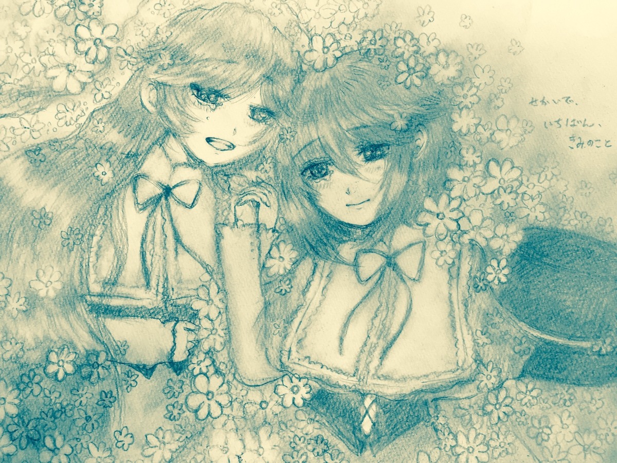 2girls bow flower hair_flower hair_ornament image long_hair monochrome multiple_girls open_mouth pair smile souseiseki suiseiseki traditional_media usami_renko