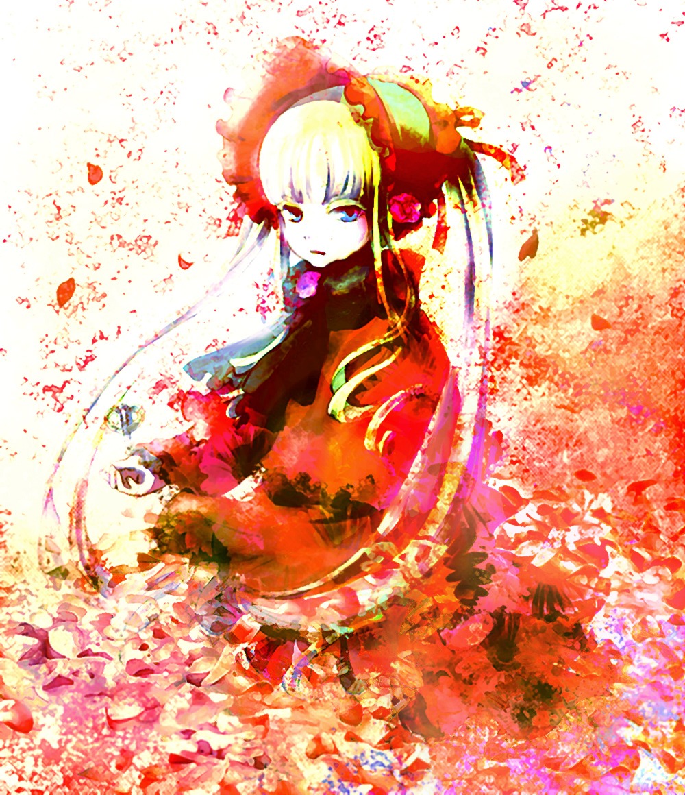 1girl blonde_hair blue_eyes bonnet bow dress fire flower image long_hair long_sleeves looking_at_viewer red_dress shinku silver_hair solo