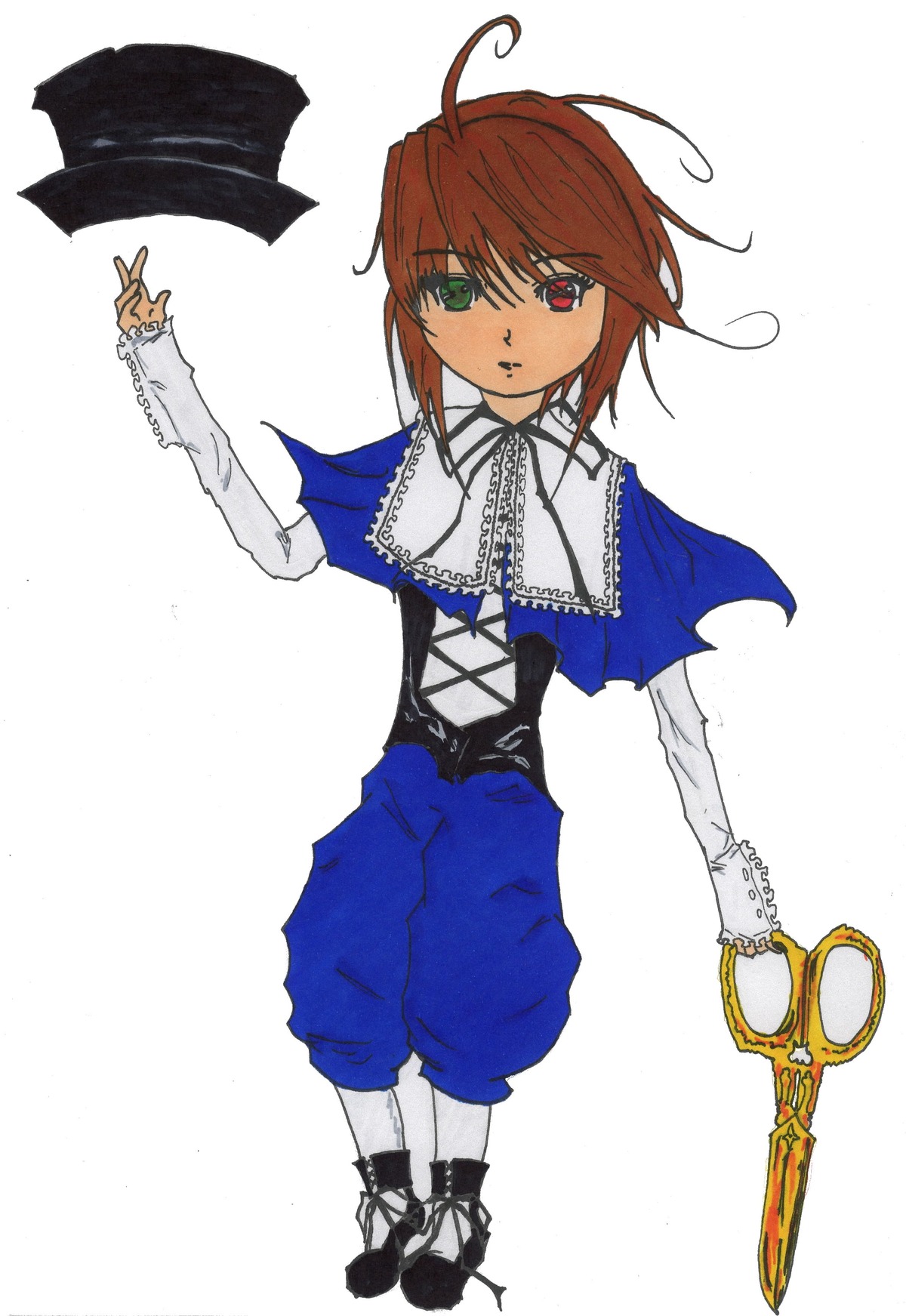 1girl ahoge cross-laced_clothes dress full_body green_eyes heterochromia image long_sleeves looking_at_viewer pants red_eyes short_hair simple_background solo souseiseki standing white_background