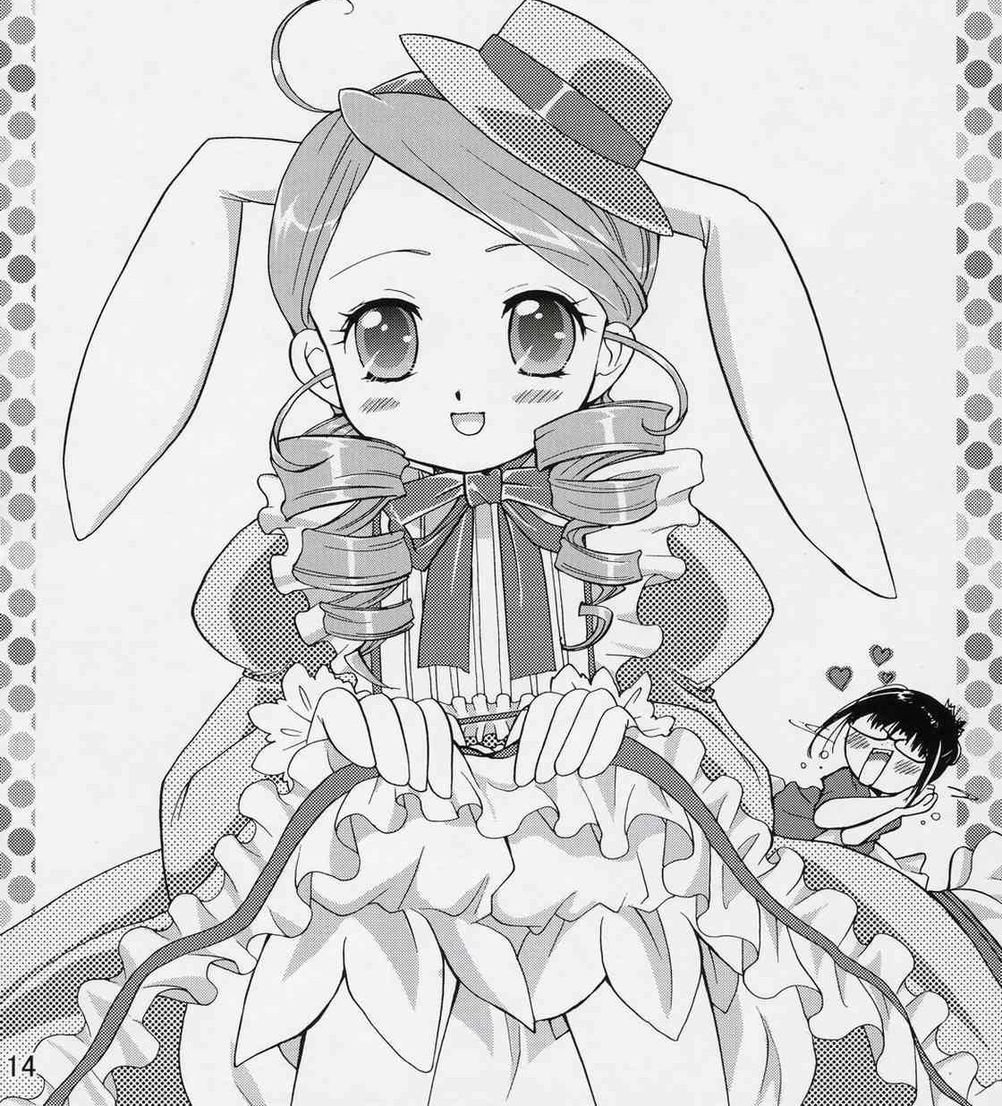 animal_ears blush bunny_ears dress drill_hair frills greyscale halftone heart image kanaria kusabue_mitsu monochrome multiple_girls polka_dot smile solo twin_drills
