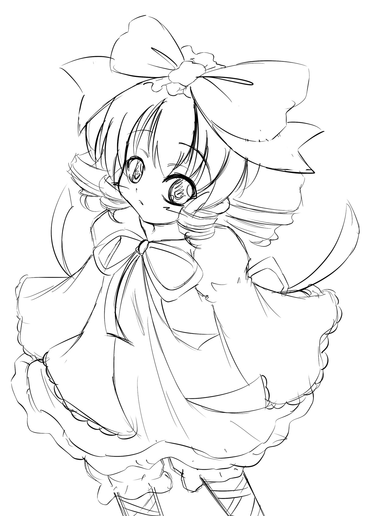 1girl bloomers blush bow dress drill_hair eyebrows_visible_through_hair greyscale hair_bow hinaichigo image long_sleeves looking_at_viewer monochrome puffy_sleeves short_hair sleeves_past_wrists solo standing striped vertical_stripes wings