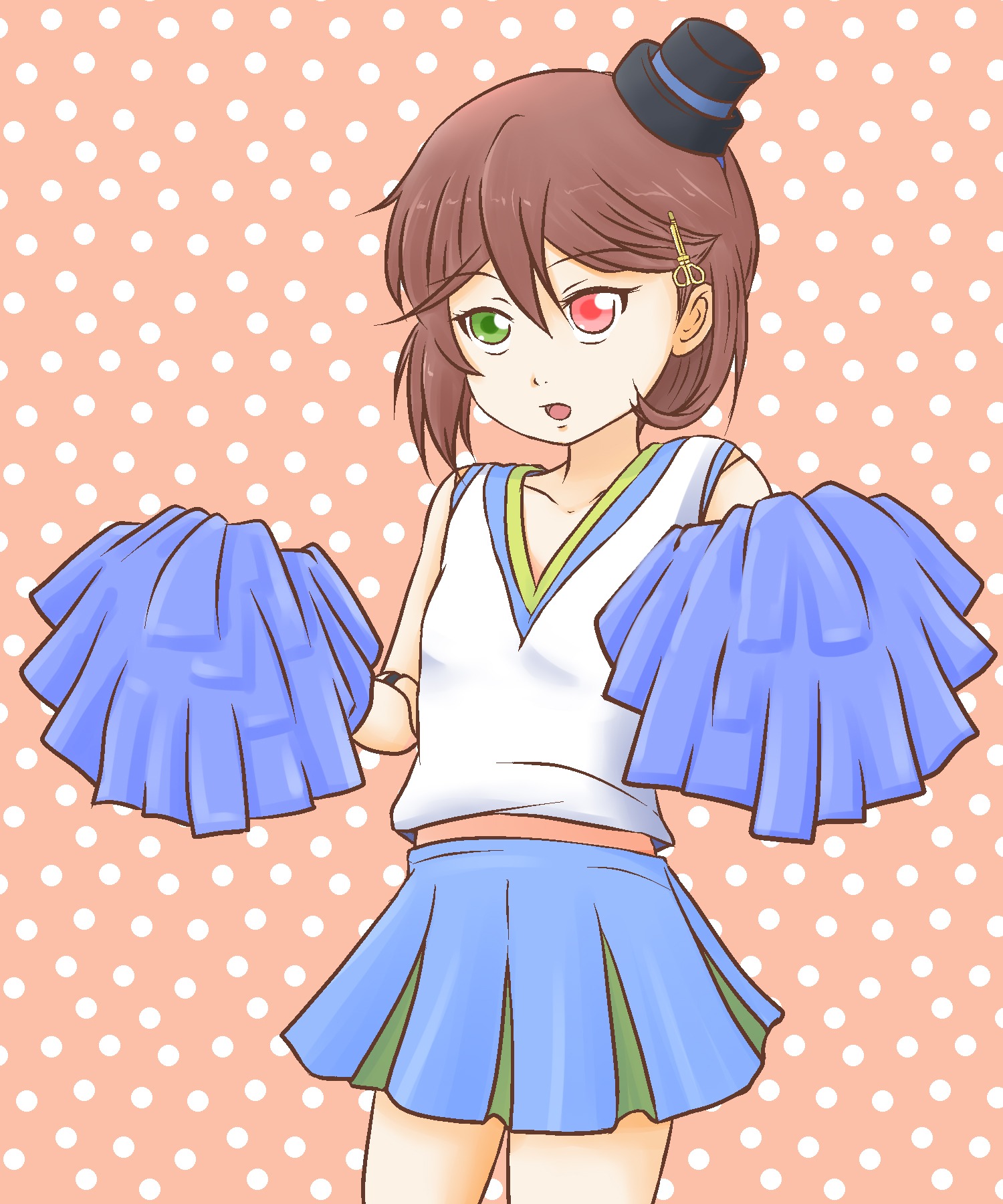 1boy brown_hair cheerleader color_guide crossdressing green_eyes hair_ornament halftone halftone_background hat heterochromia image mini_hat mini_top_hat otoko_no_ko patterned_background polka_dot polka_dot_background polka_dot_bikini polka_dot_bow polka_dot_bra polka_dot_dress polka_dot_legwear polka_dot_panties polka_dot_ribbon polka_dot_scrunchie polka_dot_skirt polka_dot_swimsuit red_eyes sapphire_birch short_hair skirt solo souseiseki top_hat unmoving_pattern