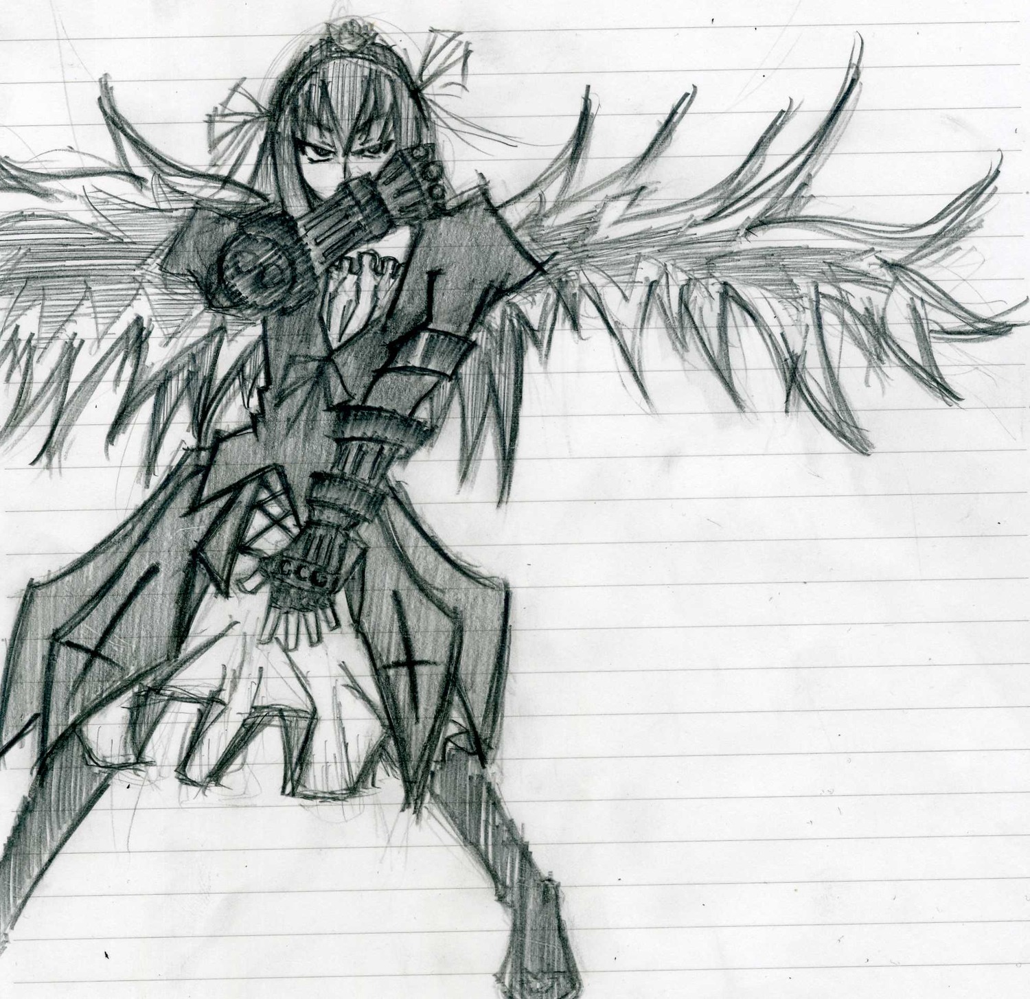 1girl akemi_homura akuma_homura dress elbow_gloves gloves greyscale image long_hair monochrome solo suigintou thighhighs weapon wings