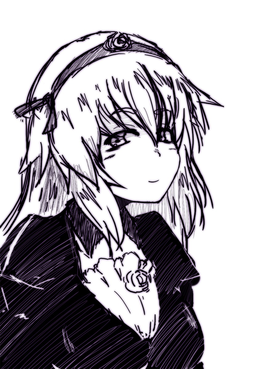 1girl closed_mouth flower greyscale image komeiji_satori monochrome rose simple_background solo suigintou upper_body white_background