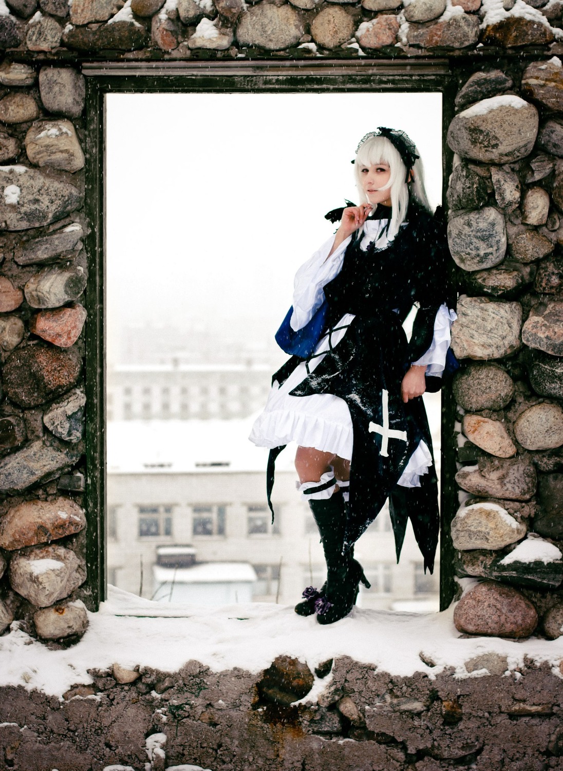 1girl black_footwear boots cross-laced_footwear dress high_heels holding long_sleeves solo standing suigintou