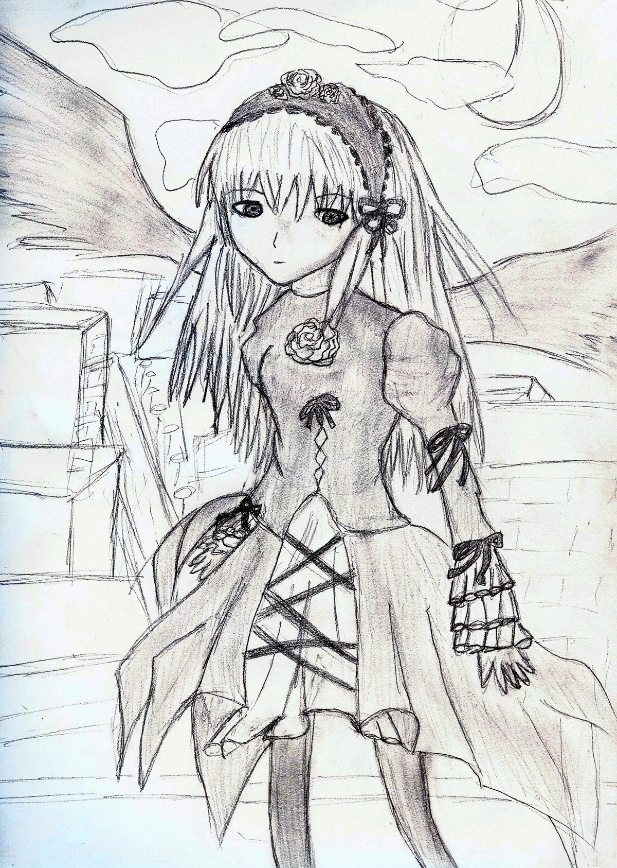 1girl cloud dress flower greyscale hairband image long_hair long_sleeves looking_at_viewer monochrome moon outdoors ribbon sky solo standing suigintou traditional_media very_long_hair wings