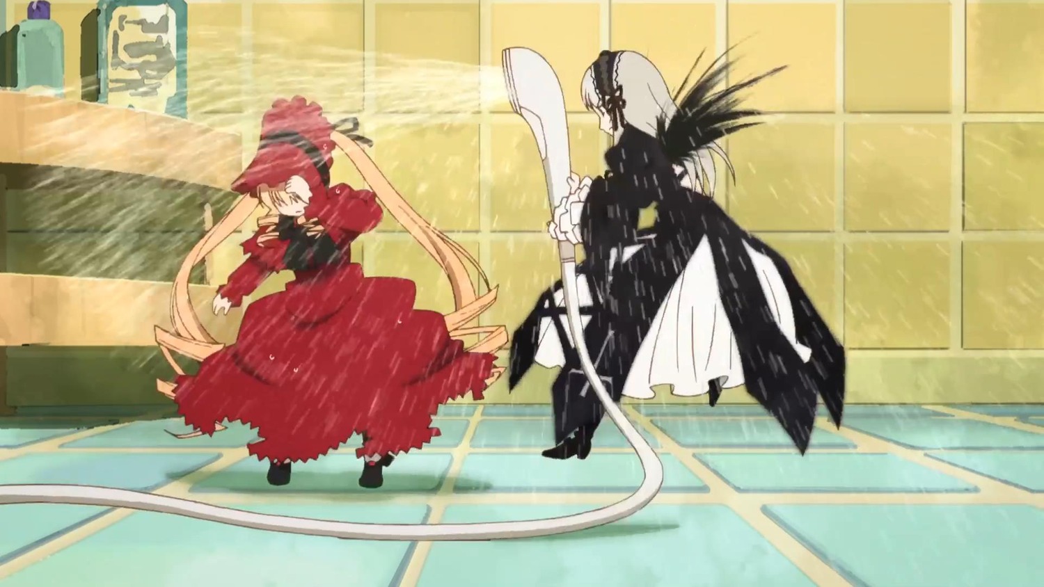 black_hair dress image long_hair long_sleeves pair pink_hair shinku suigintou very_long_hair