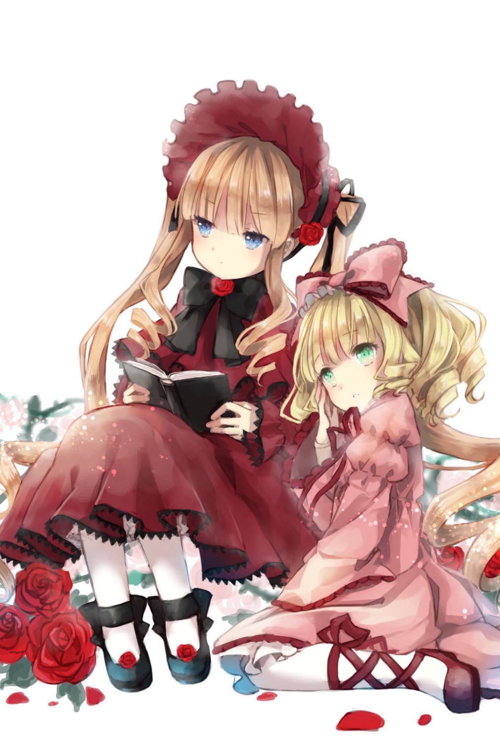 2girls ankle_ribbon black_bow black_footwear black_ribbon blonde_hair blue_eyes bonnet book bow commentary_request dress drill_hair eyebrows_visible_through_hair flower green_eyes hair_flower hair_ornament hair_ribbon highres hina_ichigo hinaichigo image kneeling light_brown_hair lolita_fashion long_hair long_sleeves looking_at_viewer looking_away mary_janes multiple_girls neck_ribbon open_book pair pink_bow pink_dress pink_rose red_dress red_flower red_footwear red_ribbon red_rose ribbon rose rozen_maiden shinku shoes simple_background sitting twintails white_background white_legwear yumeichigo_alice