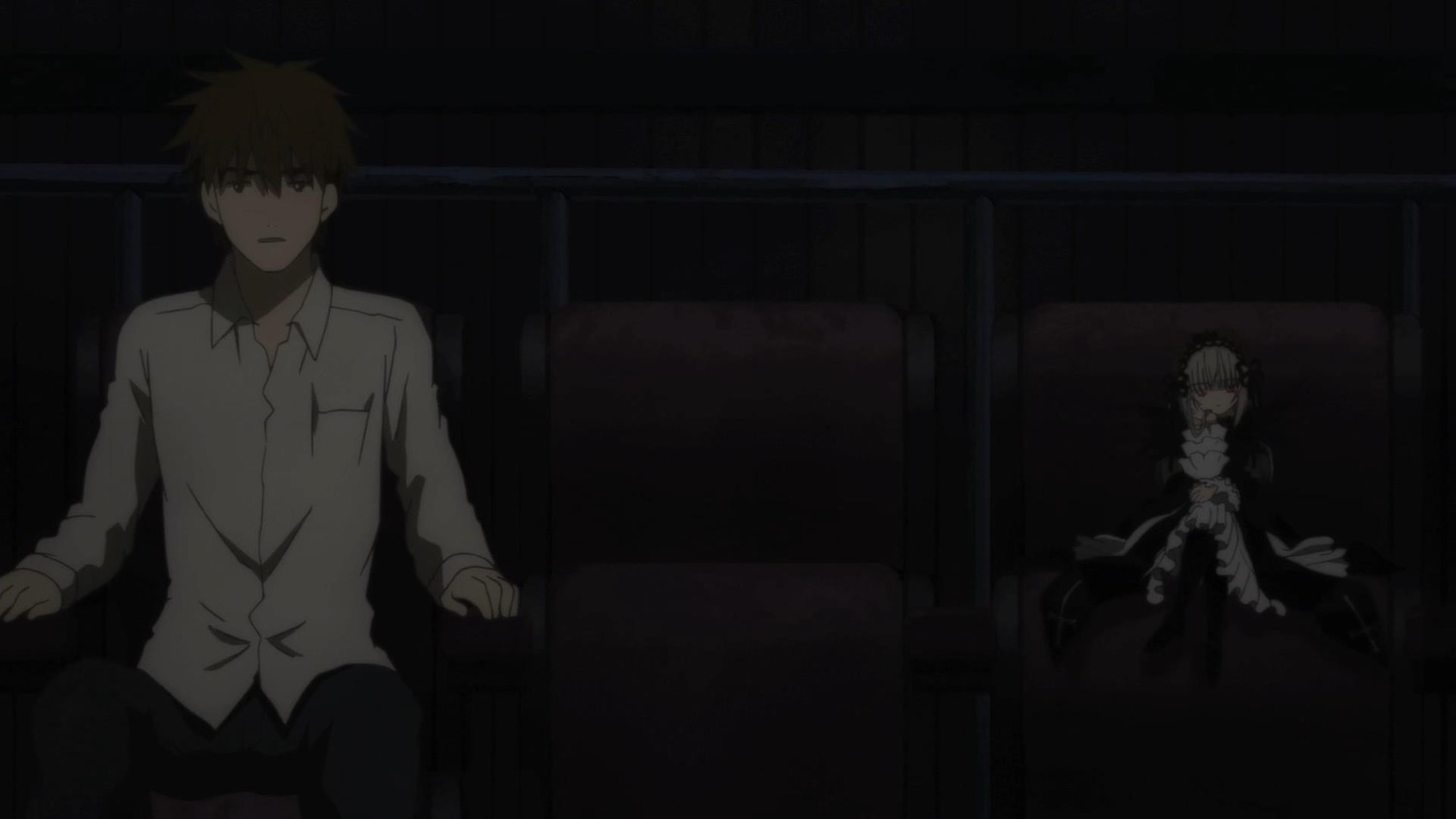 1boy 1girl dark image indoors long_sleeves pants shirt short_hair sitting solo suigintou