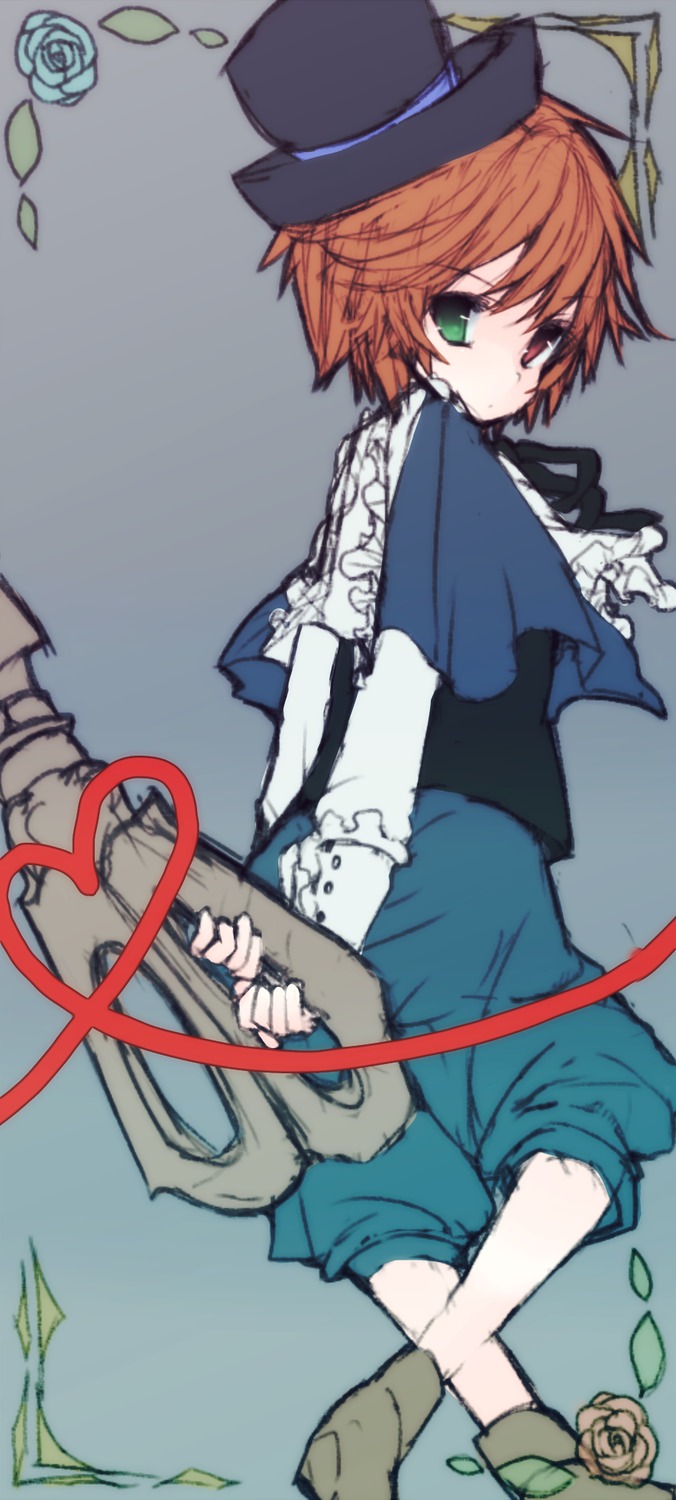 1girl blue_flower blue_rose flower green_eyes hat heterochromia image long_sleeves looking_back orange_hair pants pink_rose red_flower red_rose ribbon rose rose_petals short_hair solo souseiseki thorns top_hat vines white_rose yellow_rose