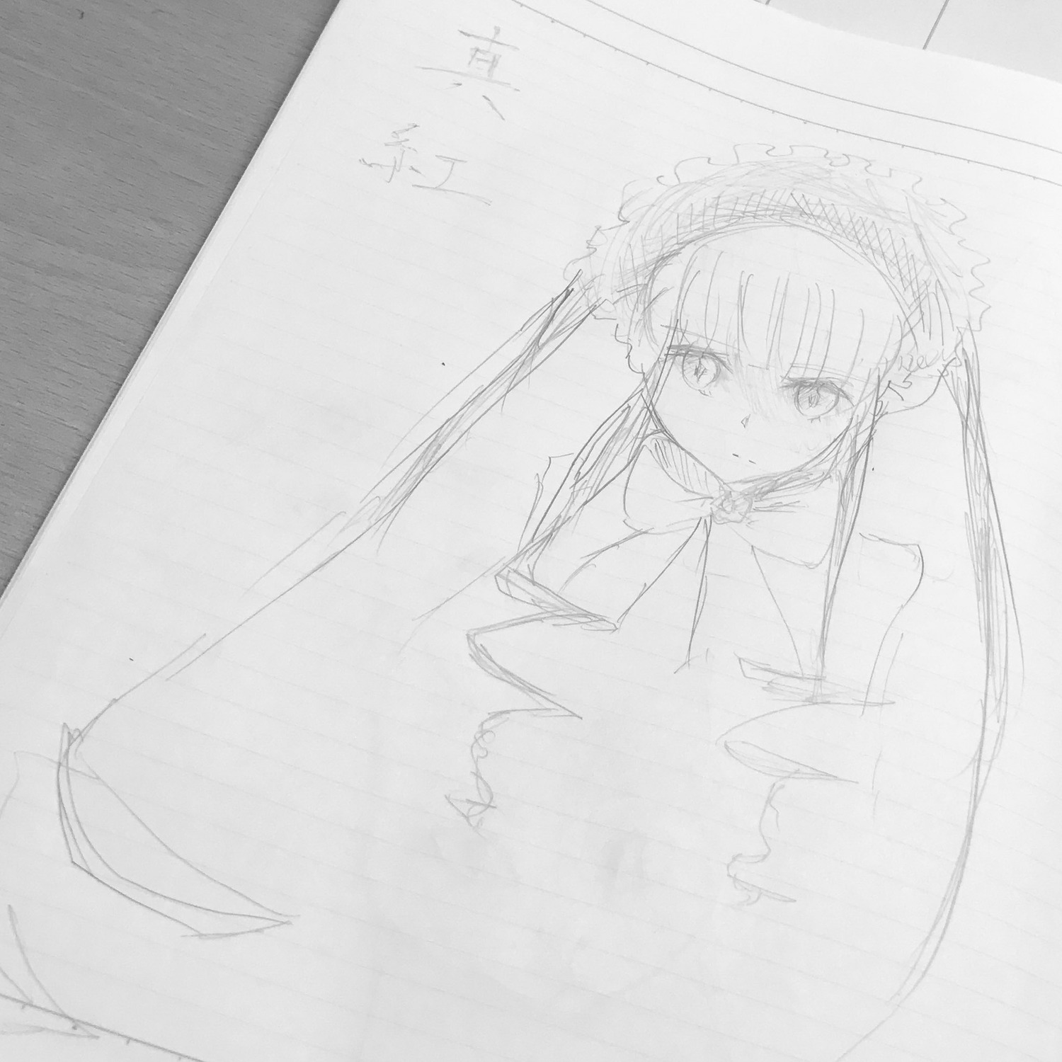 1girl dress frills image long_hair long_sleeves looking_at_viewer monochrome shinku simple_background sketch solo white_background