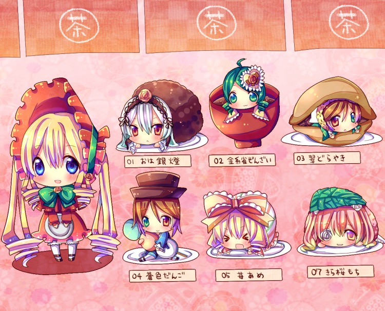 6+girls >_< blonde_hair blue_eyes blush bonnet bow brown_hair chibi chocolat_(momoiro_piano) closed_eyes commentary_request dress drill_hair eyepatch flower food frills green_eyes green_hair hair_ornament hairband hat heterochromia hina_ichigo image in_food kanaria kirakishou long_hair multiple multiple_girls one_eye_closed open_mouth pink_bow pink_hair red_eyes red_flower red_rose rose rozen_maiden shinku short_hair silver_hair smile souseiseki suigintou suiseiseki tagme translation_request twintails very_long_hair waitress white_hair yellow_eyes