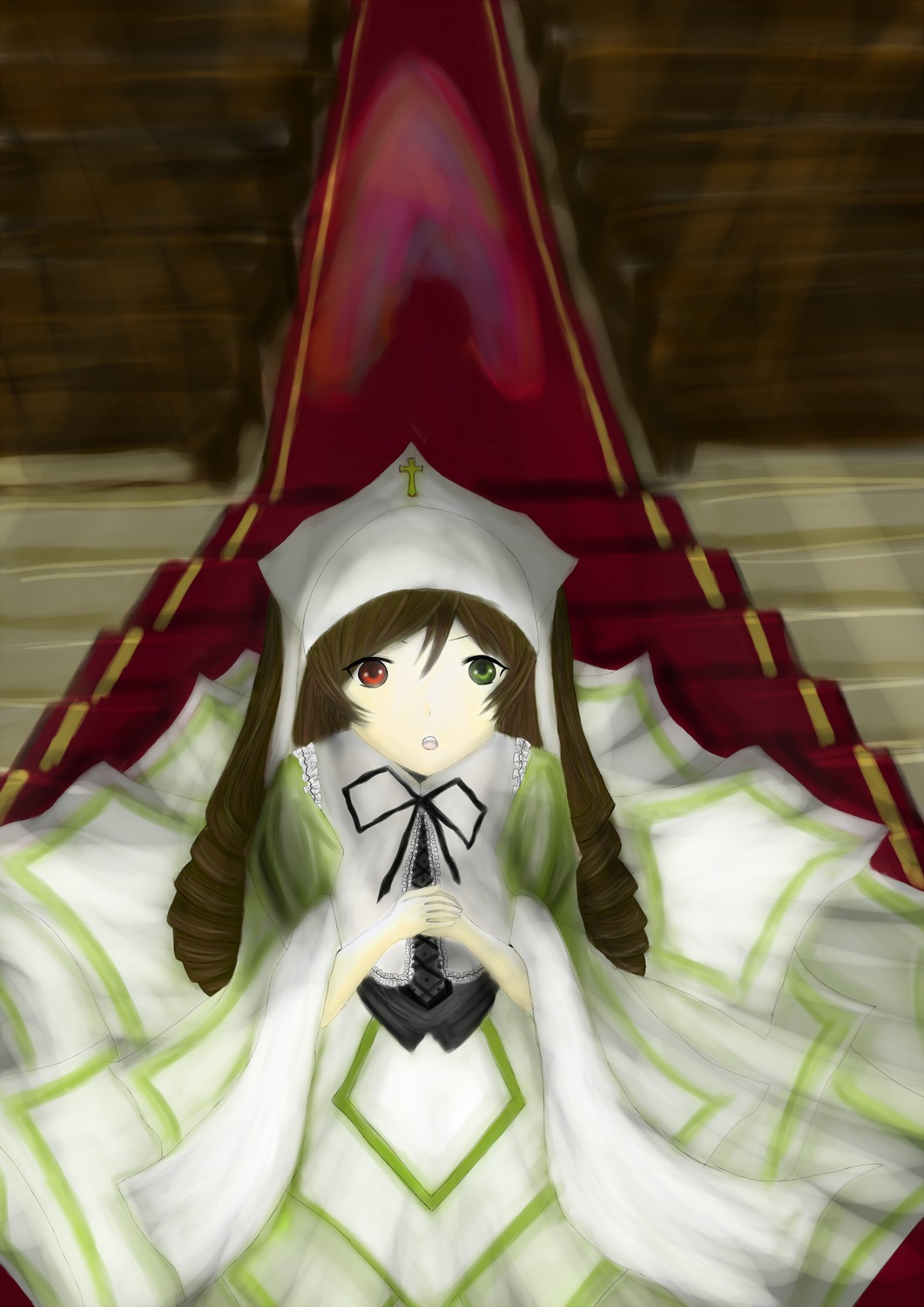 1girl auto_tagged brown_hair curtains dress green_eyes heterochromia image long_hair long_sleeves looking_at_viewer open_mouth red_eyes ribbon solo suiseiseki twintails