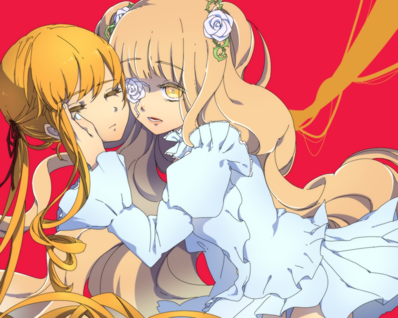 2girls blonde_hair double_bun dress dual_persona eyepatch flower frills hair_flower hair_ornament image kirakishou long_hair multiple_girls orange_hair pair ponytail red_background ribbon rose shinku tears white_rose yellow_eyes