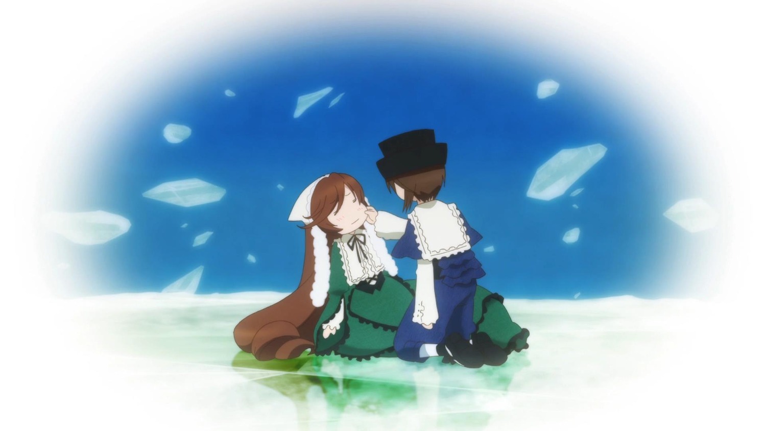 2girls auto_tagged blue_dress brown_hair closed_eyes dress frills hat image long_hair multiple_girls pair short_hair siblings sisters sitting souseiseki suiseiseki twins
