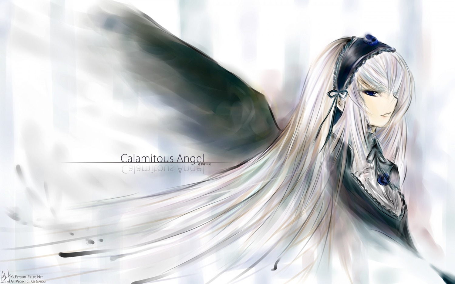 1girl bangs black_ribbon blue_eyes dress frills hairband image long_hair long_sleeves ribbon silver_hair solo suigintou very_long_hair wings