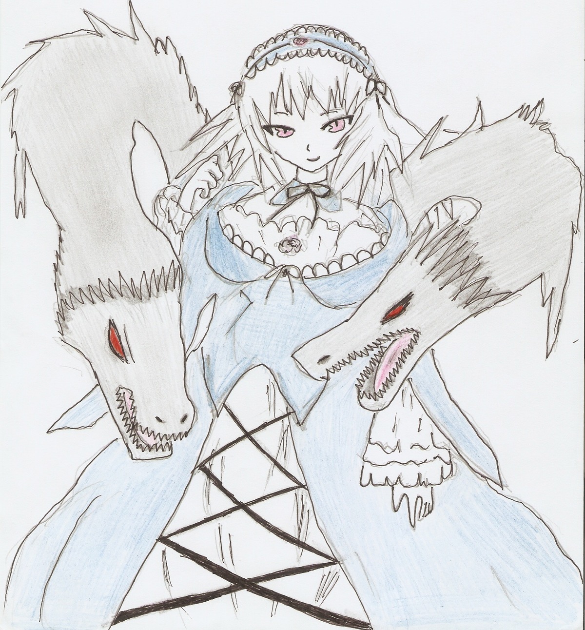 1girl breasts cleavage detached_collar dress frilled_sleeves frills hairband image large_breasts long_hair long_sleeves looking_at_viewer pink_eyes red_eyes smile solo suigintou traditional_media