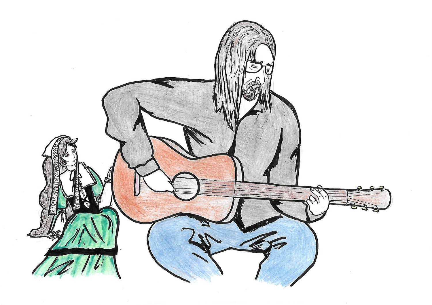 1boy 1girl acoustic_guitar bass_guitar beard bow_(instrument) electric_guitar facial_hair guitar holding_instrument instrument long_hair long_sleeves lute_(instrument) monochrome music mustache pants piano playing_instrument plectrum sitting violin
