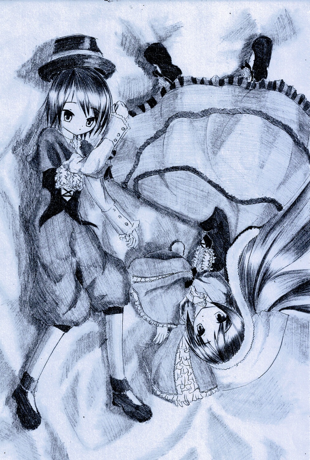 2girls bangs blue_theme blush dress frills graphite_(medium) hat image long_sleeves lying monochrome multiple_girls pair shoes short_hair smile socks souseiseki suiseiseki traditional_media