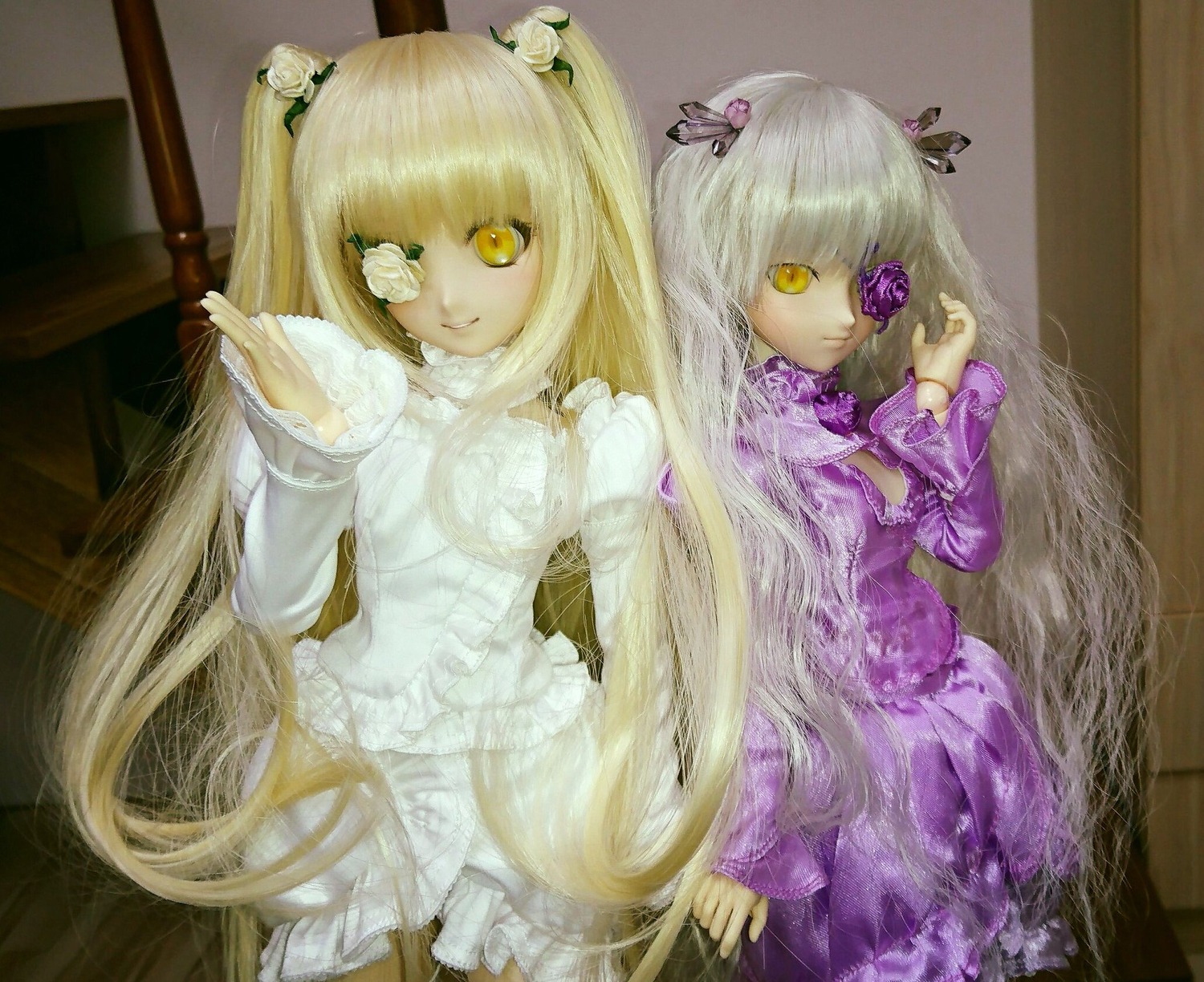 2girls blonde_hair doll dress eyepatch flower frills hair_flower hair_ornament lolita_fashion long_hair long_sleeves looking_at_viewer multiple_dolls multiple_girls rose siblings sisters smile tagme twins very_long_hair white_rose yellow_eyes