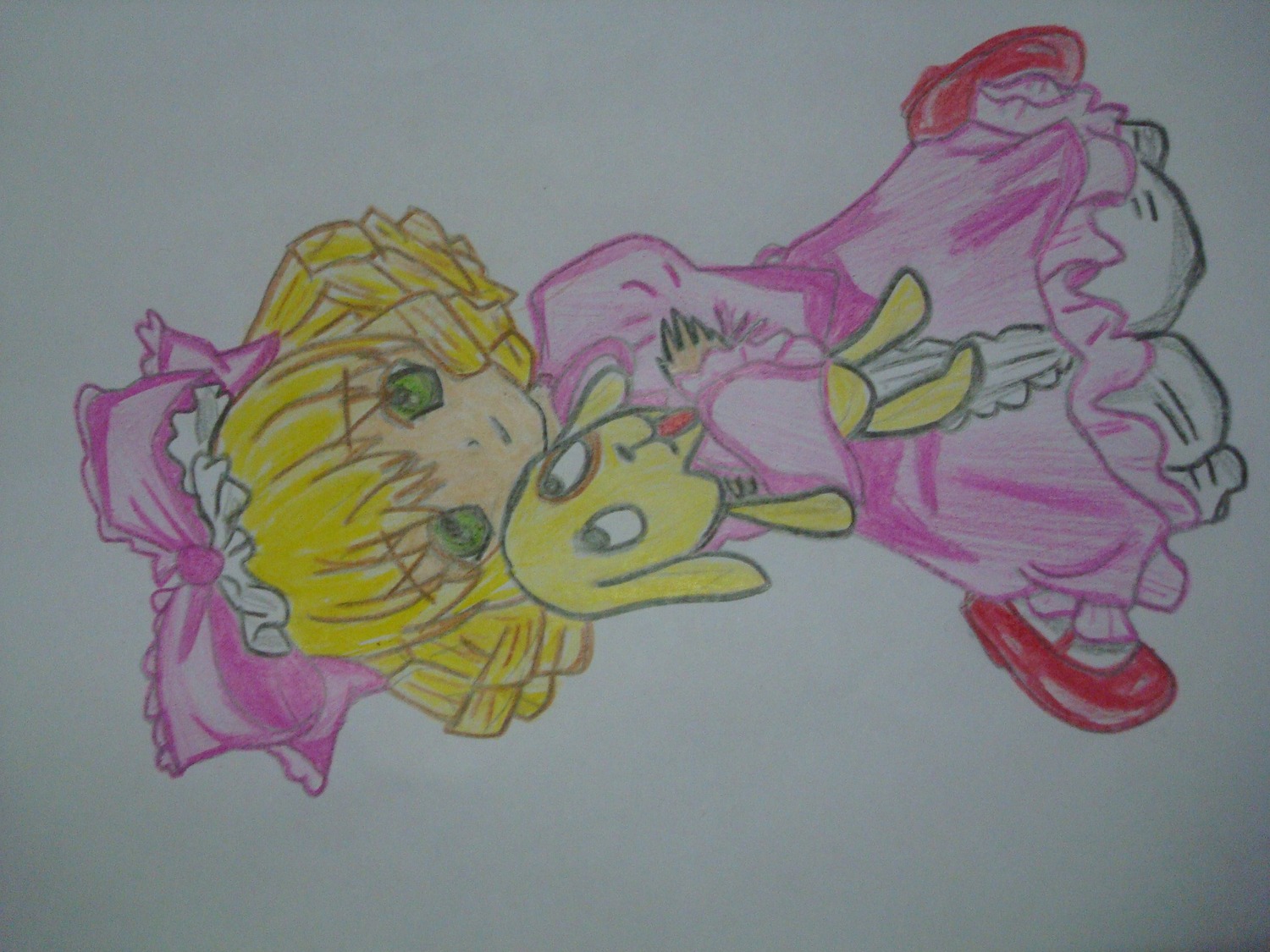 1girl blonde_hair bow dress drill_hair frills full_body green_eyes grey_background hina_ichigo hinaichigo image kneeling pink_bow pink_dress solo traditional_media