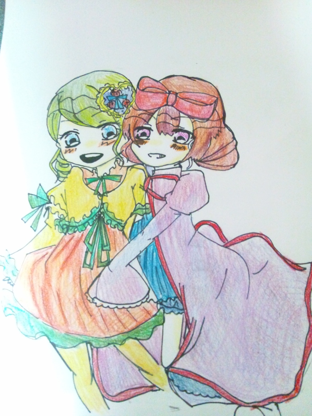 2girls blonde_hair blue_eyes bow brown_hair dress hinaichigo image kanaria multiple_girls pair pink_bow ribbon short_hair smile traditional_media