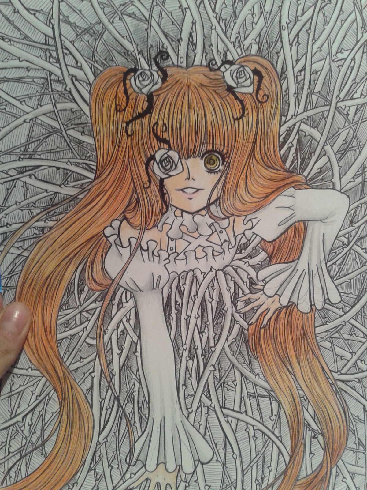 1girl bow choker dress eyepatch flower frills hair_flower hair_ornament image kirakishou long_hair orange_hair plant rose smile solo traditional_media very_long_hair vines