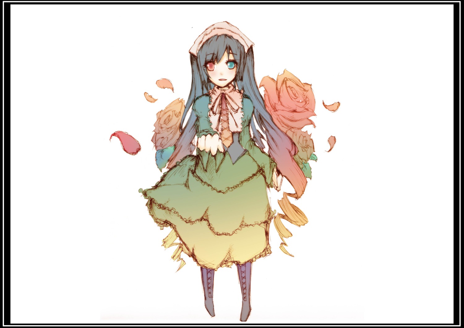 1girl black_border blue_eyes boots border dress flower green_dress heterochromia image letterboxed long_hair looking_at_viewer petals pillarboxed ribbon rose rose_petals solo suiseiseki very_long_hair