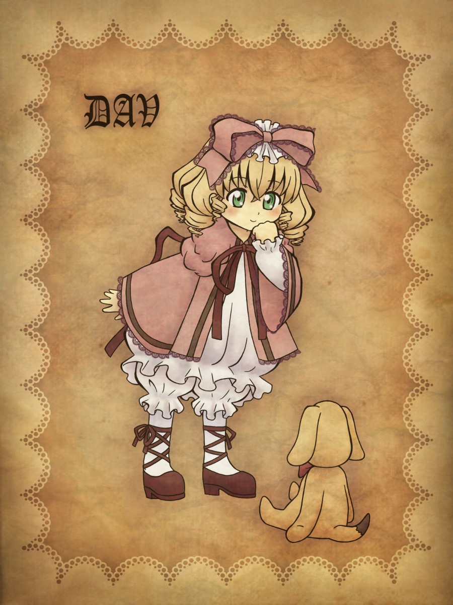 1girl blonde_hair bloomers bow brown_background dress drill_hair frills full_body green_eyes hair_bow hand_to_own_mouth hina_ichigo hinaichigo image long_sleeves looking_at_viewer pantyhose pink_bow shoes solo standing white_legwear