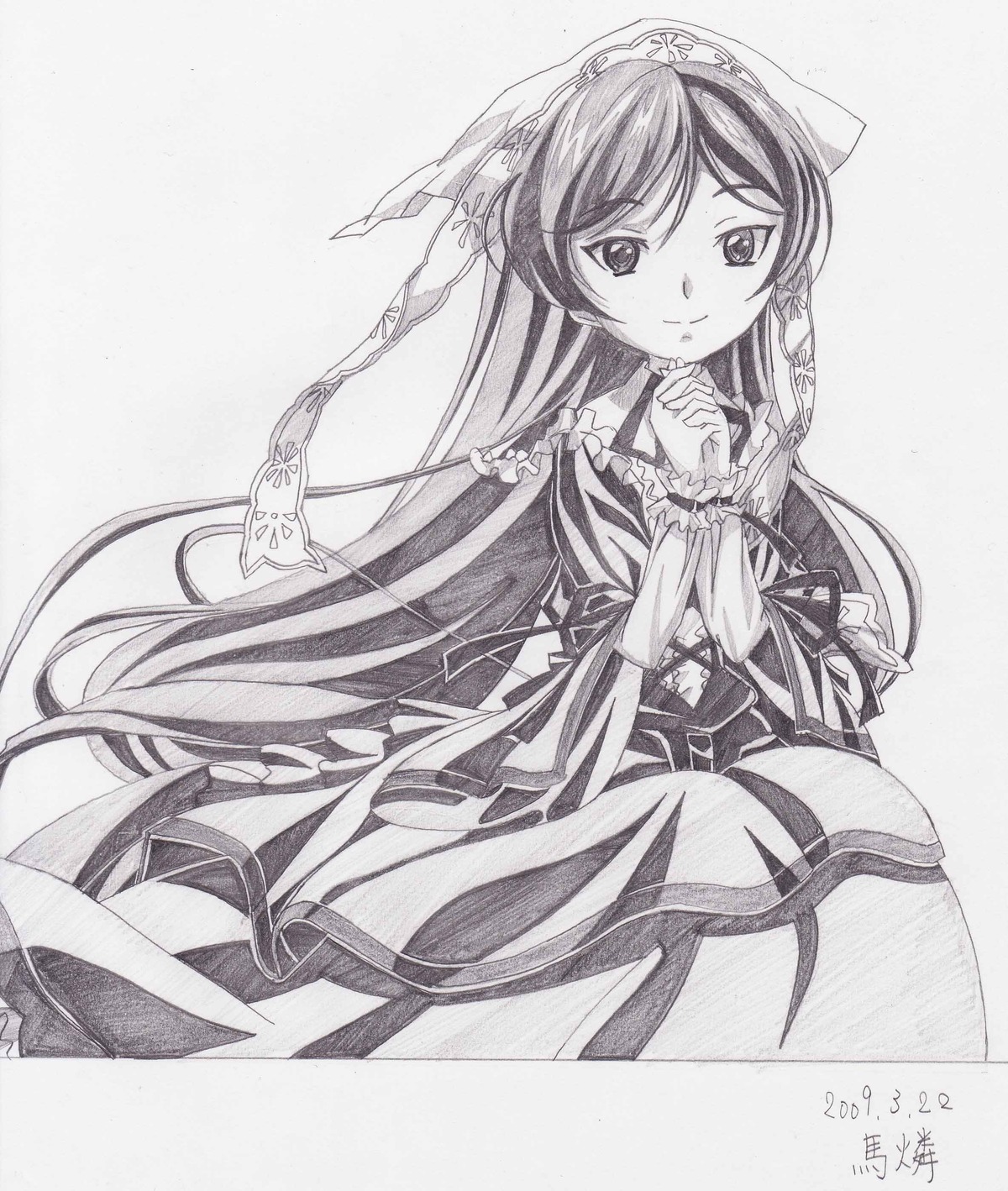 1girl dress frills greyscale image long_hair long_sleeves looking_at_viewer monochrome smile solo suiseiseki traditional_media very_long_hair