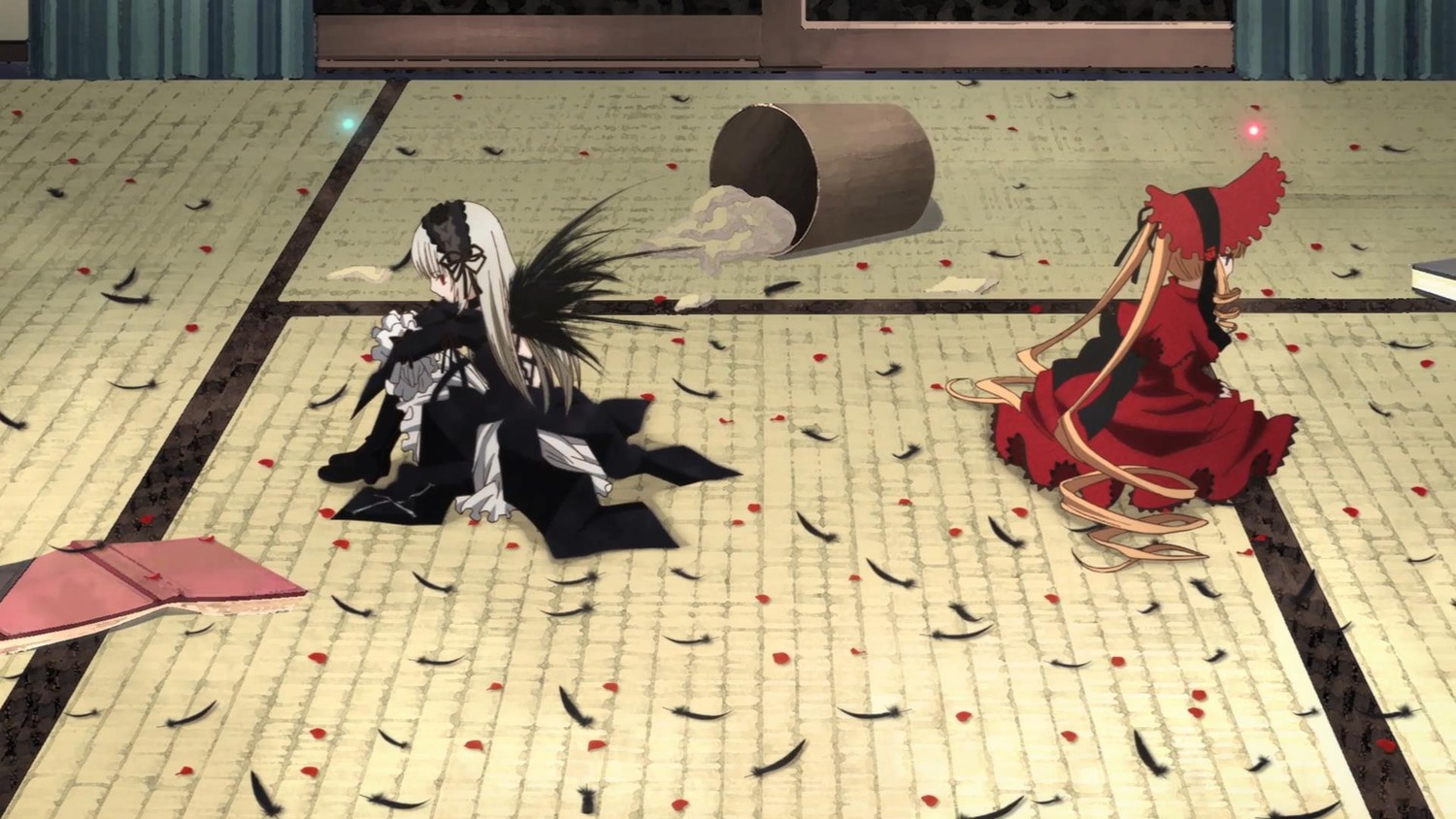 battle bird black_hair crow feathers image pair petals shinku suigintou sword weapon