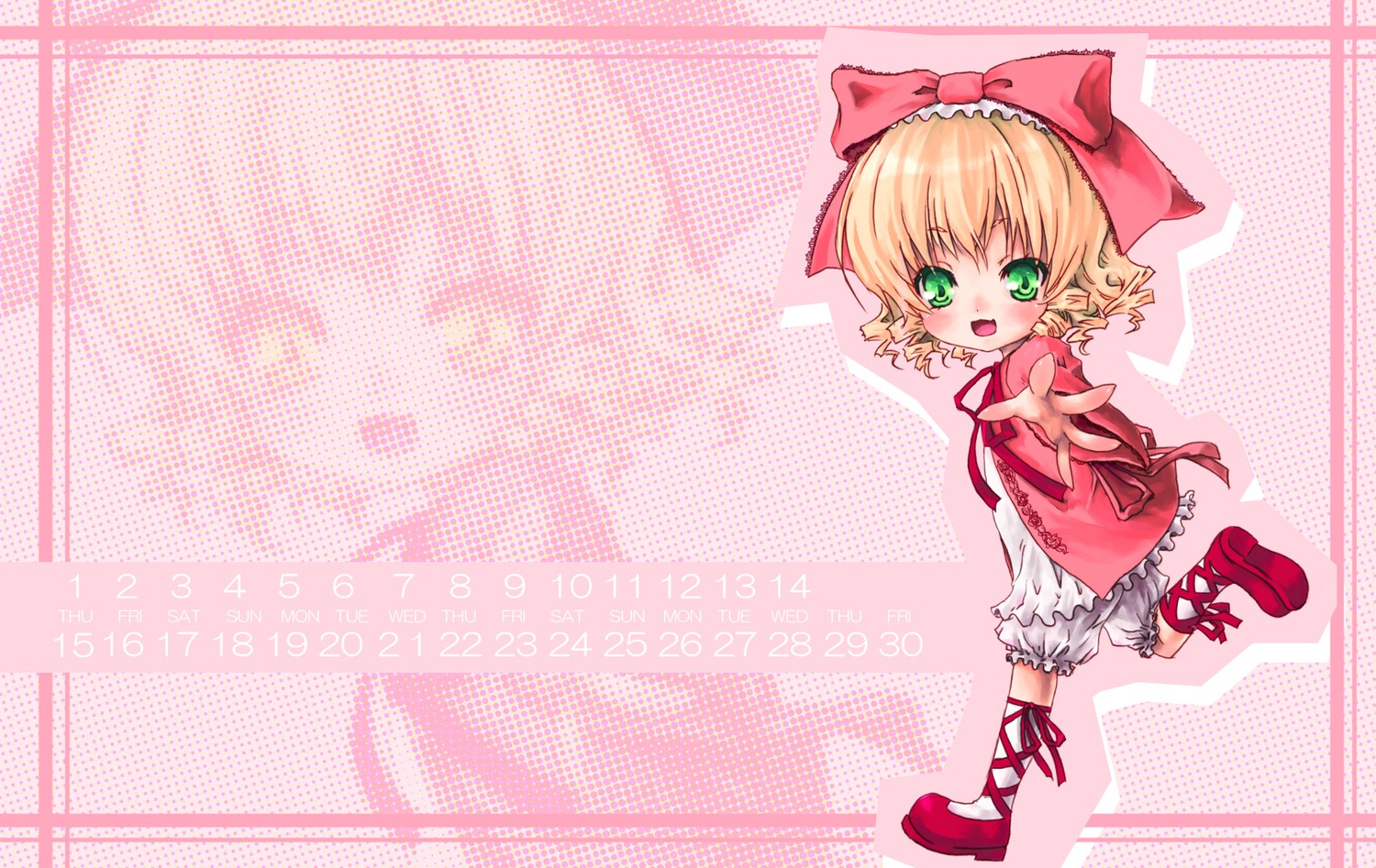 1girl :d blonde_hair bloomers blush bow character_name dress frills green_eyes hair_bow halftone halftone_background hina_ichigo hinaichigo image looking_at_viewer open_mouth pink_bow shoes short_hair smile solo standing underwear white_bloomers zoom_layer