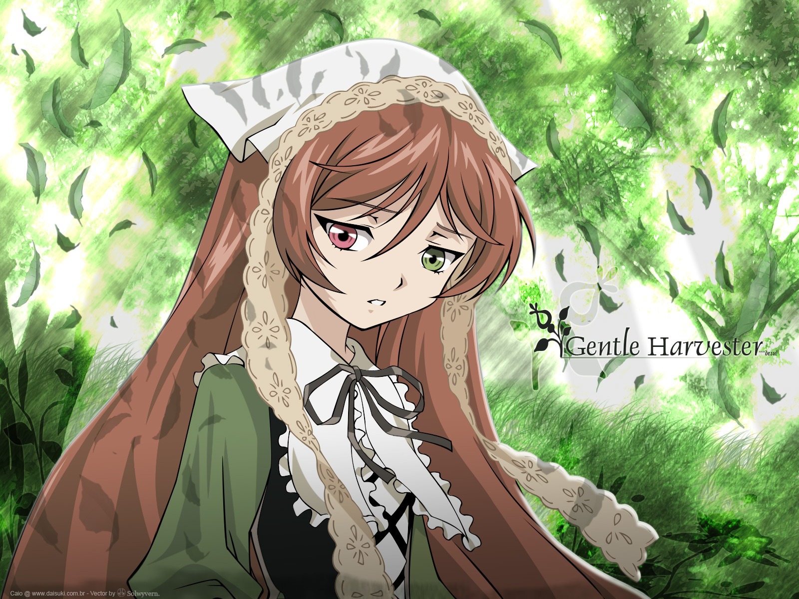 1girl artist_name brown_hair copyright_name dress green_dress green_eyes head_scarf heterochromia image leaf long_hair long_sleeves looking_at_viewer nature outdoors red_eyes ribbon solo suiseiseki tree