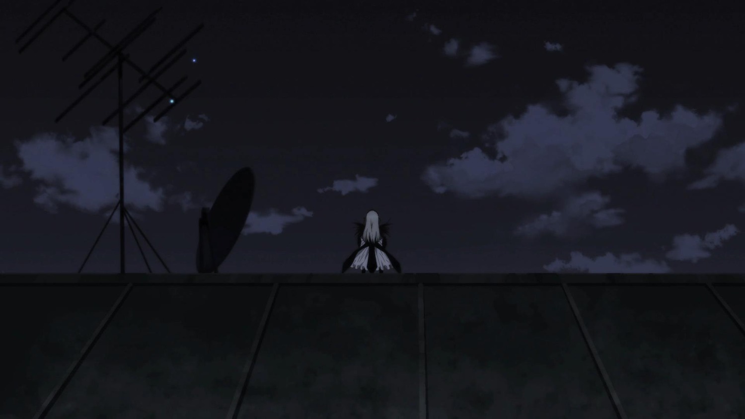 1girl cloud cloudy_sky dark image long_hair night outdoors scenery sky solo suigintou white_hair