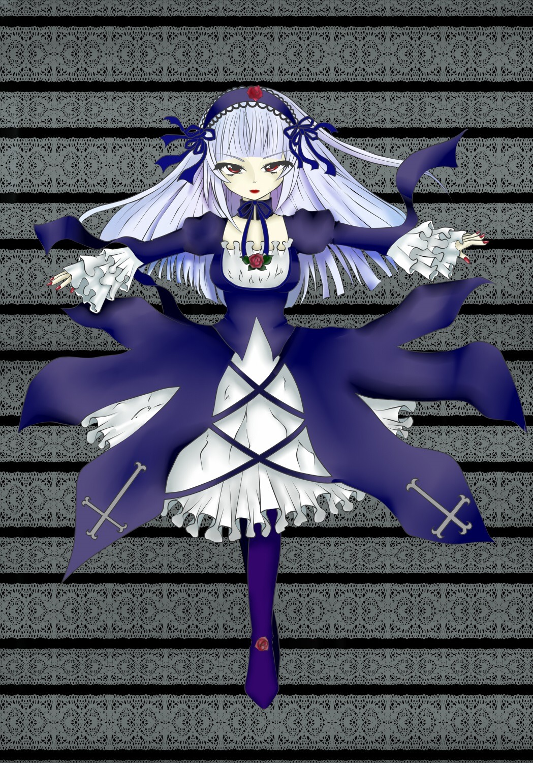1girl dress flower frills hairband image long_hair red_eyes ribbon rose solo suigintou wings