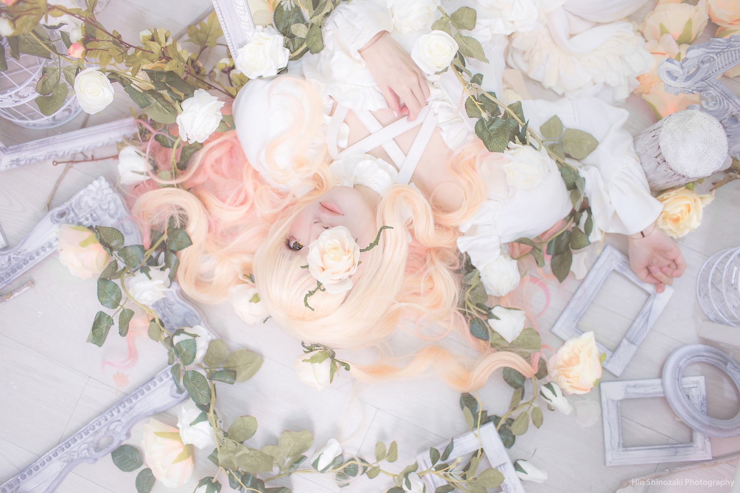 1girl artist_name bangs flower kirakishou leaf long_hair pink_hair plant rose solo white_flower white_rose