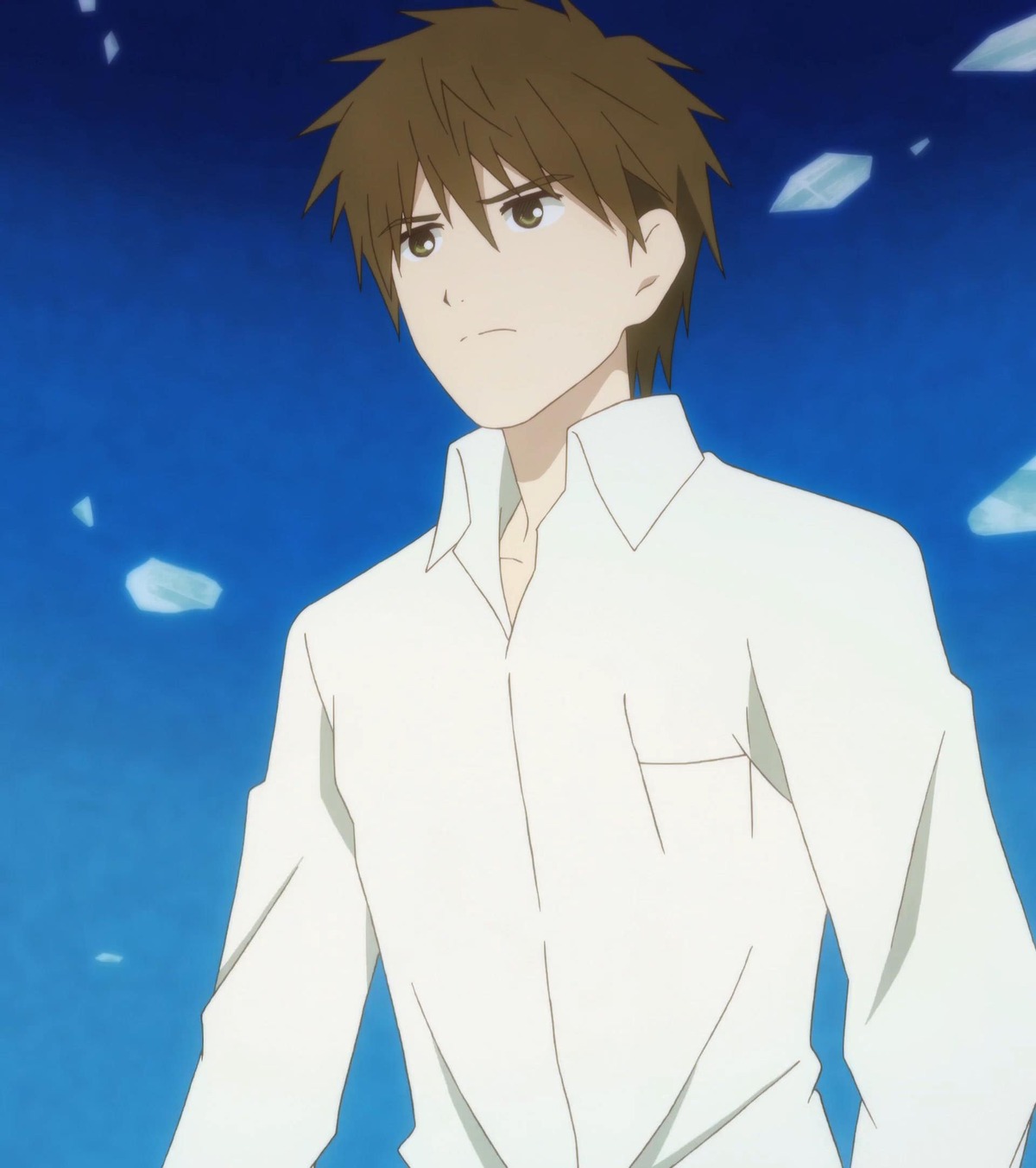 1boy bangs blue_background brown_hair closed_mouth collared_shirt human long_sleeves looking_at_viewer sakurada_jun screenshot shirt solo striped upper_body white_shirt wing_collar