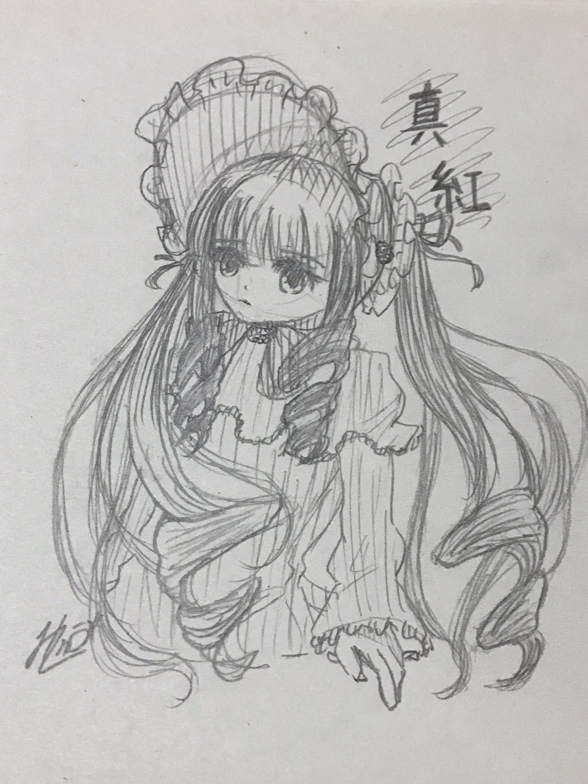 1girl dress drill_hair frills graphite_(medium) greyscale image lolita_fashion long_hair long_sleeves looking_at_viewer monochrome photo shinku simple_background sketch solo traditional_media very_long_hair