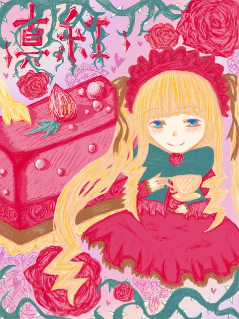 1girl blonde_hair blue_eyes dress flower image long_hair pink_flower pink_rose red_dress red_flower red_rose rose shinku smile solo thorns