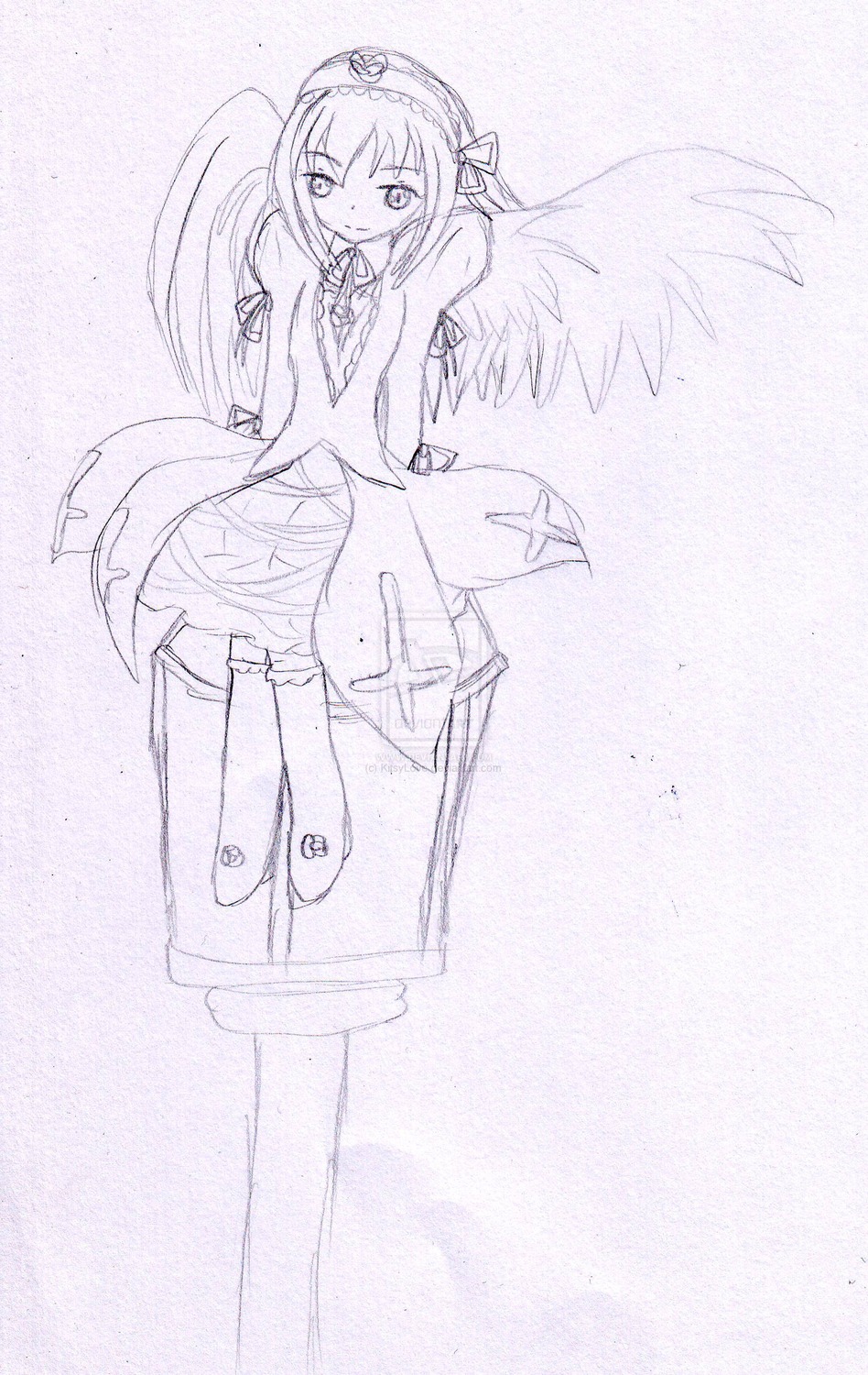 1girl greyscale hat image kneehighs looking_at_viewer monochrome skirt smile solo standing suigintou traditional_media wings