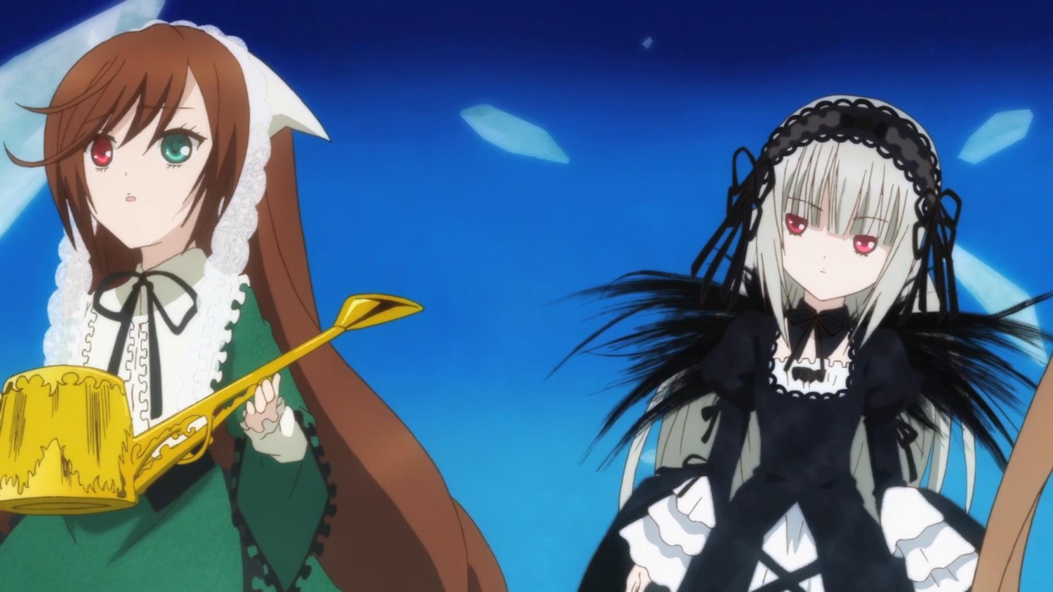 2girls auto_tagged black_ribbon black_wings brown_hair day dress frills green_eyes hairband heterochromia image long_hair long_sleeves looking_at_viewer multiple_girls outdoors pair red_eyes ribbon silver_hair sky suigintou suiseiseki twintails very_long_hair wings