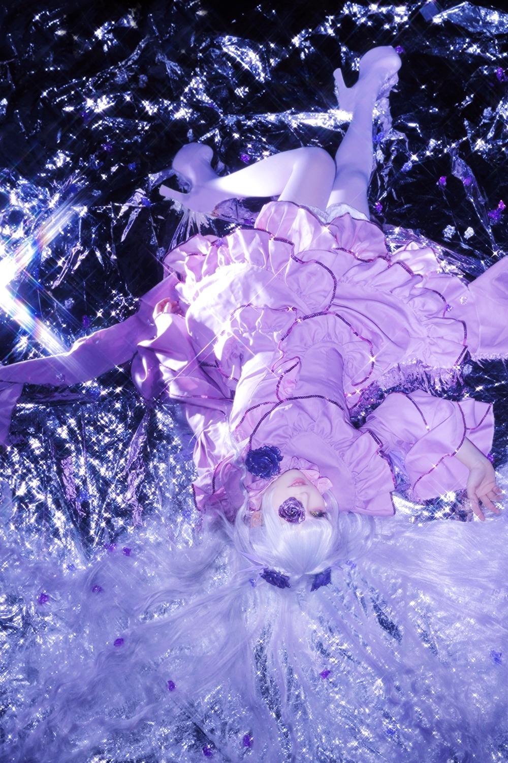 1girl barasuishou boots dress flower frills hairband long_sleeves petals short_hair smile solo