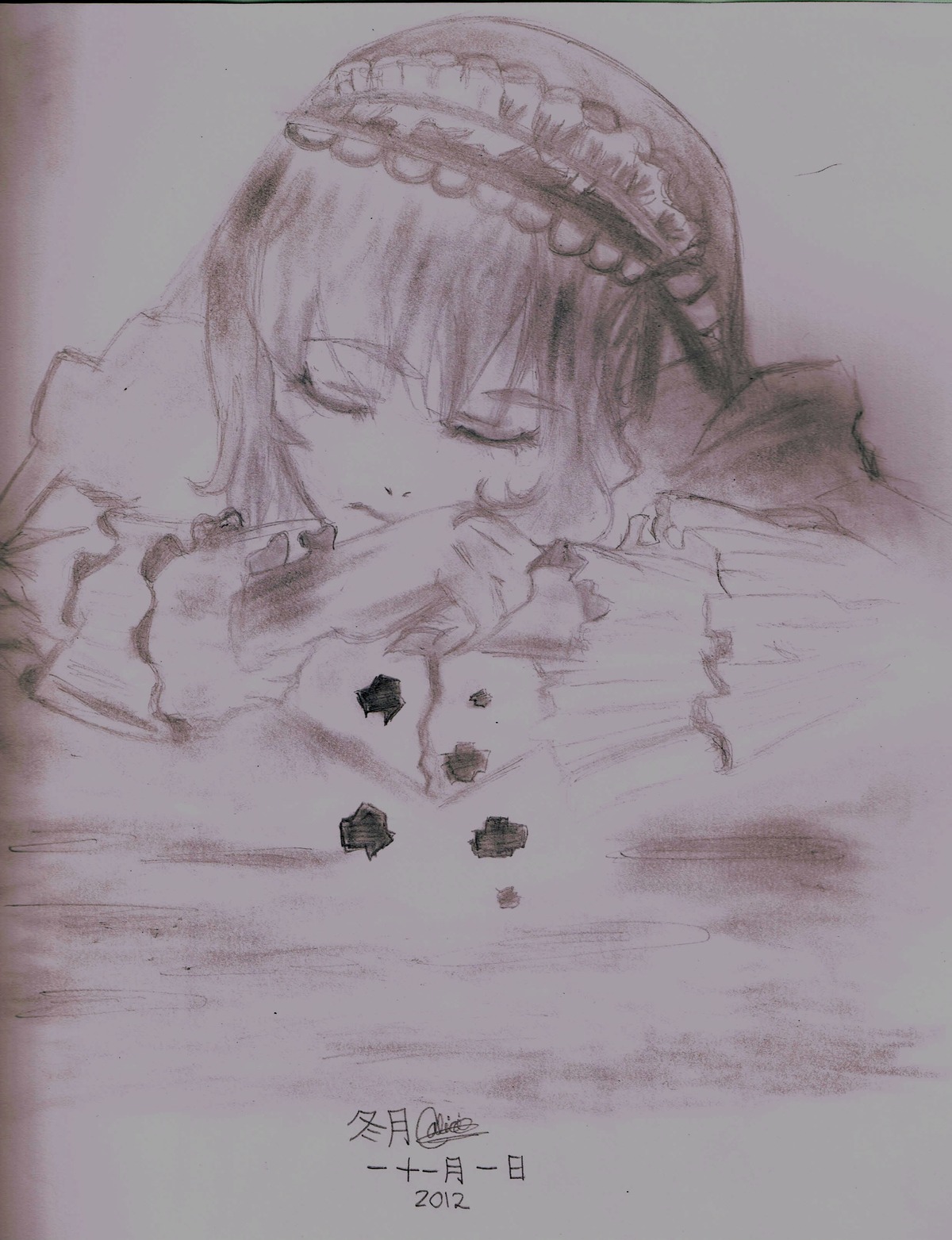 1girl auto_tagged closed_eyes closed_mouth fur_trim image long_sleeves monochrome solo suigintou traditional_media