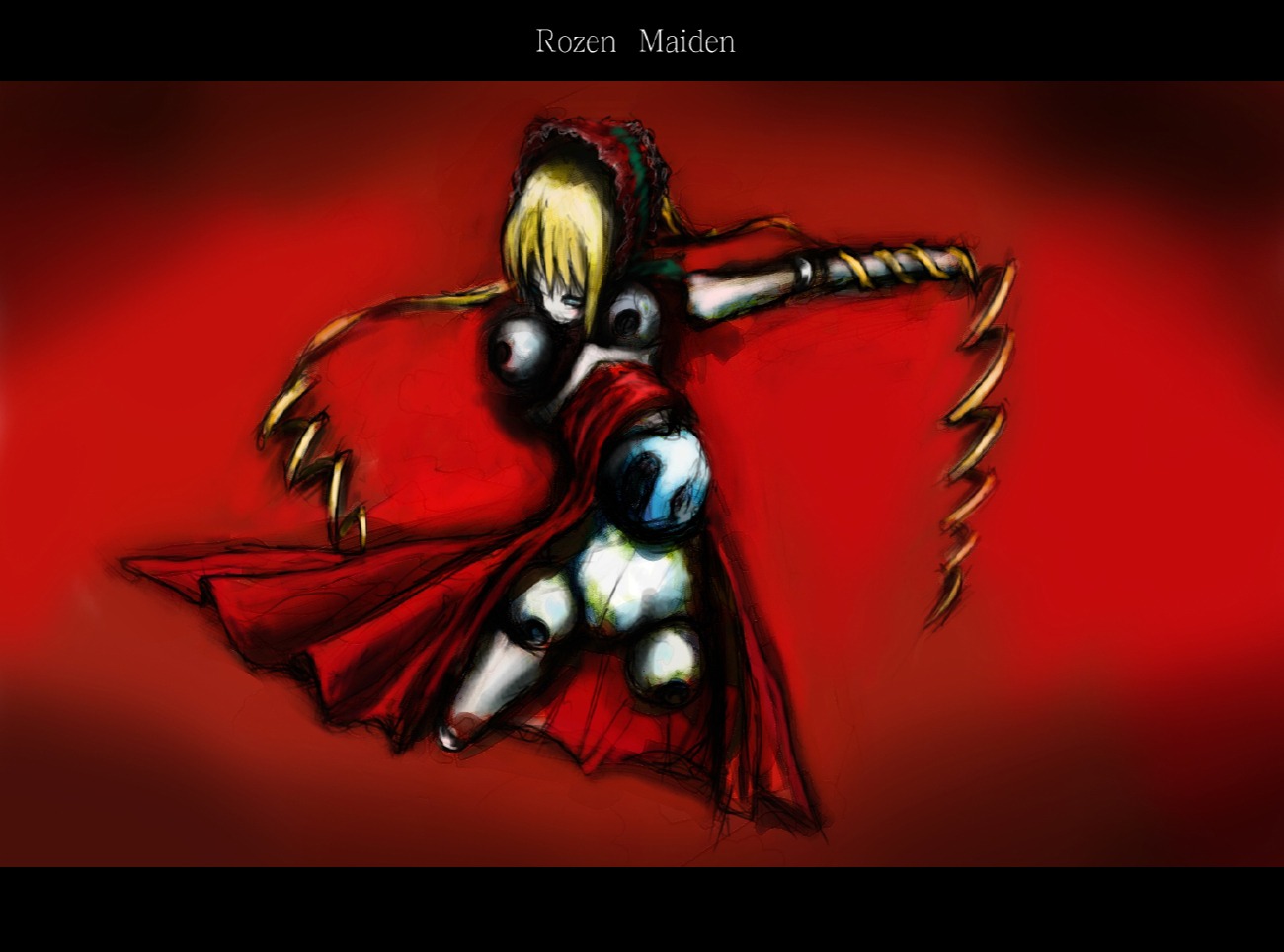 1girl blonde_hair dress image letterboxed outstretched_arms red_background red_dress red_theme shinku solo