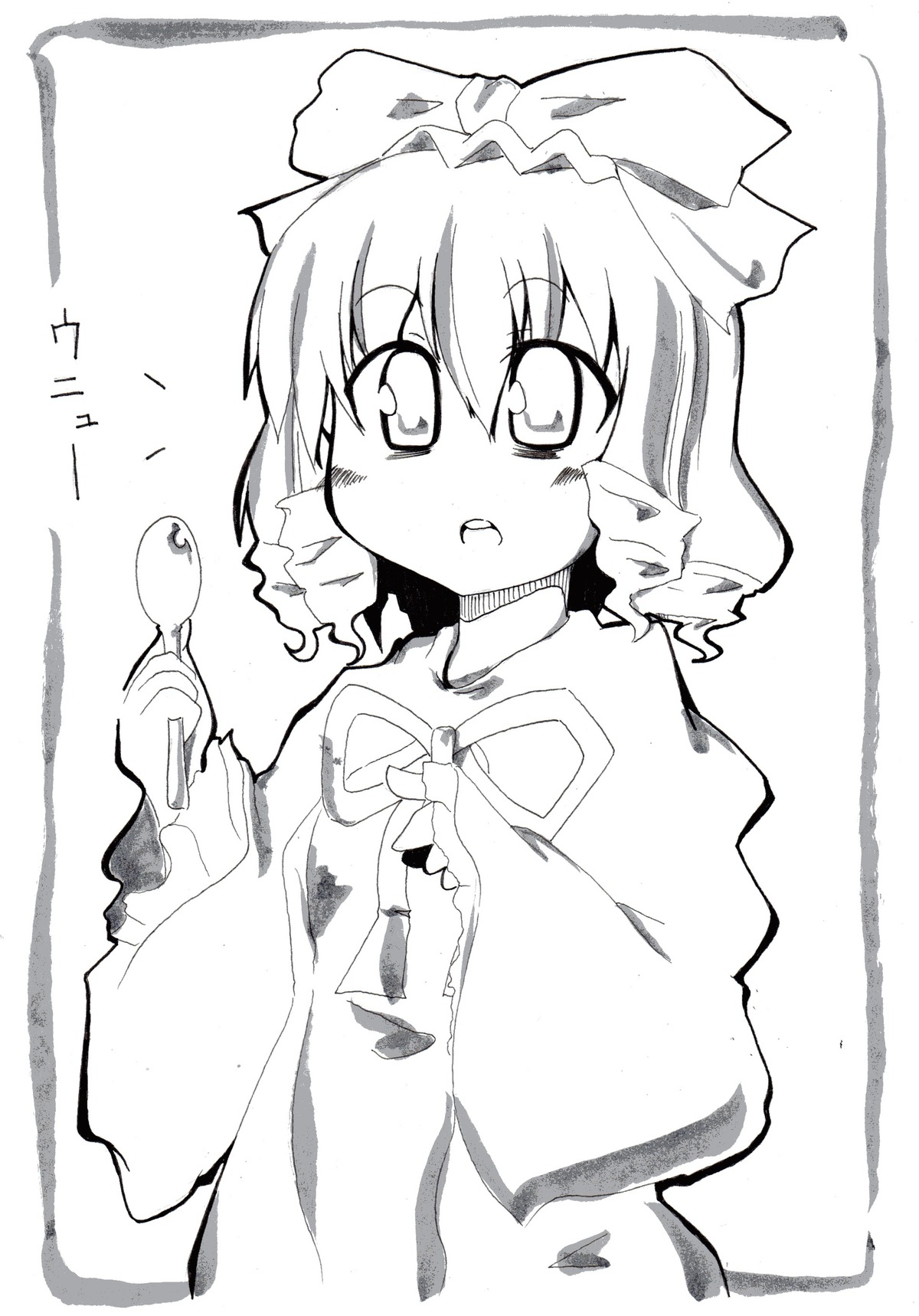 1girl bat_wings blush fang greyscale hat hinaichigo image mob_cap monochrome remilia_scarlet ribbon short_hair solo upper_body wide_sleeves wings