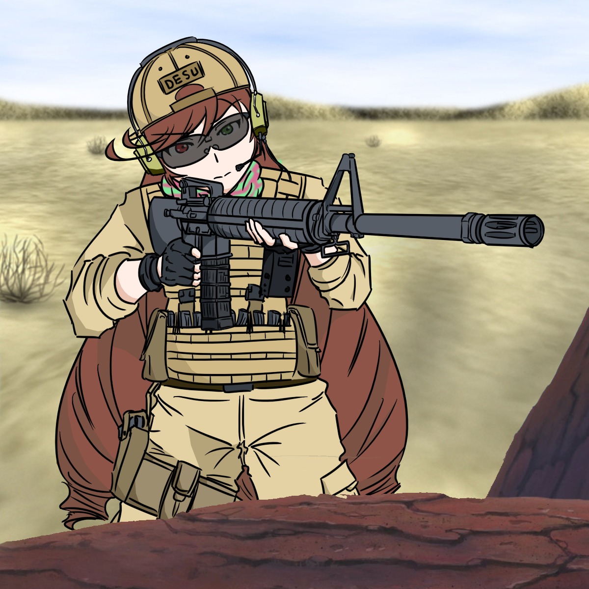 1girl assault_rifle brown_hair gloves gun helmet image knee_pads long_hair military military_uniform rifle shorts solo suiseiseki uniform weapon