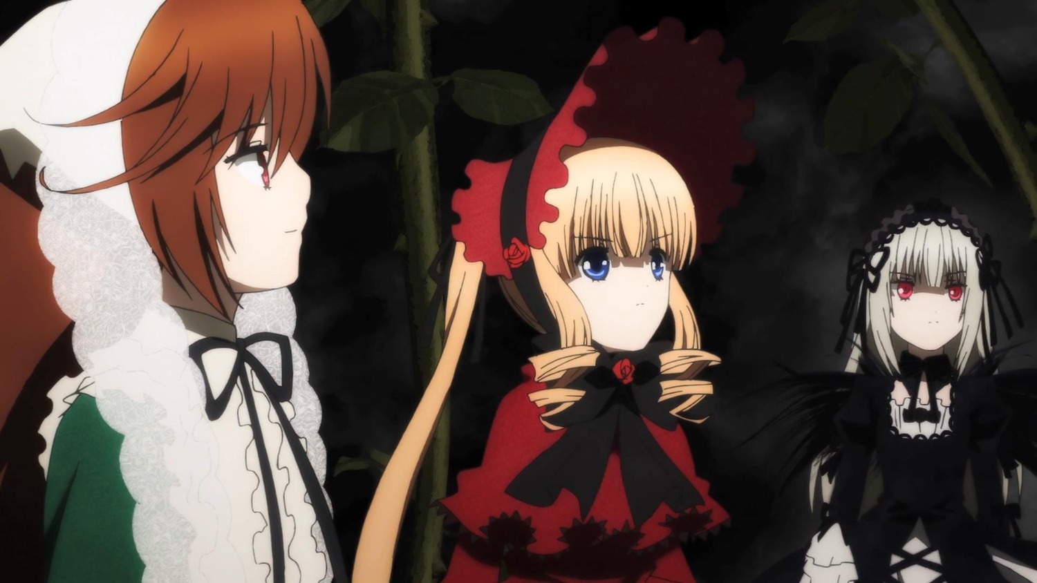 3girls black_ribbon blonde_hair blue_eyes bonnet bow dress drill_hair expressionless flower hat image long_hair multiple multiple_girls red_eyes ribbon shinku silver_hair suigintou tagme twintails