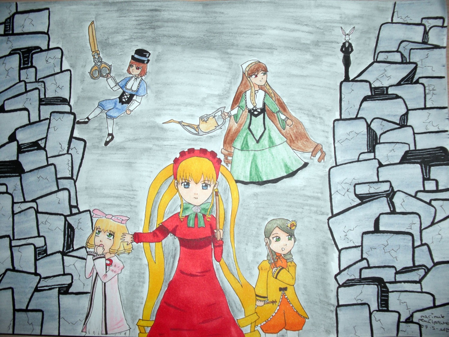 5girls auto_tagged blonde_hair blue_eyes bow brown_hair chinese_clothes dress gloves green_eyes hat hina_ichigo holding_weapon image long_hair long_sleeves multiple multiple_girls shinku short_hair standing suiseiseki sword tagme twintails very_long_hair weapon