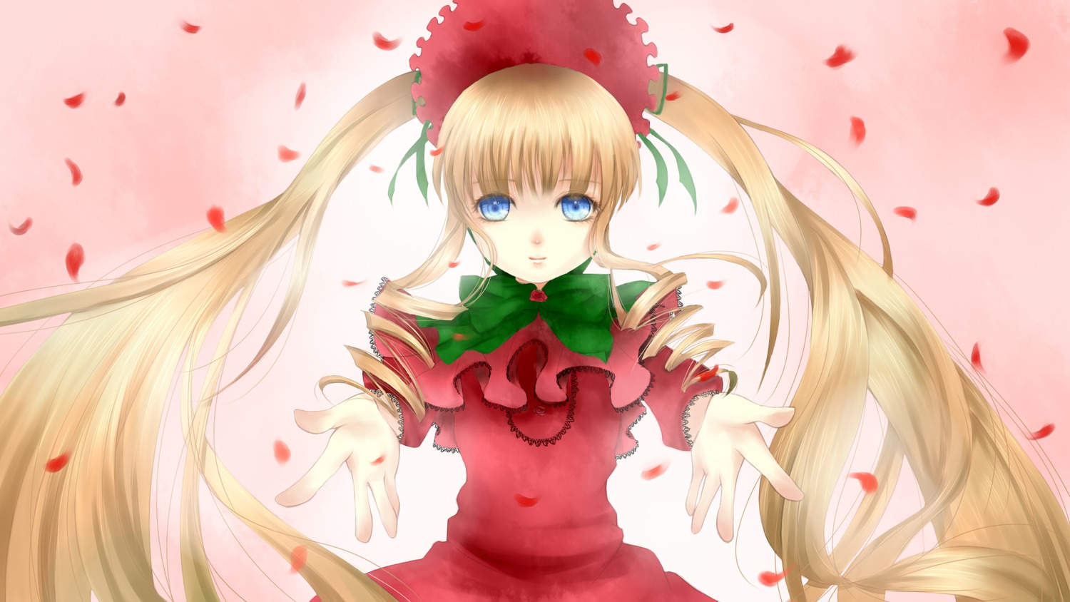 1girl blonde_hair blue_eyes bonnet bow bowtie dress flower green_bow image long_hair long_sleeves looking_at_viewer outstretched_hand petals red_dress rose_petals shinku solo twintails very_long_hair