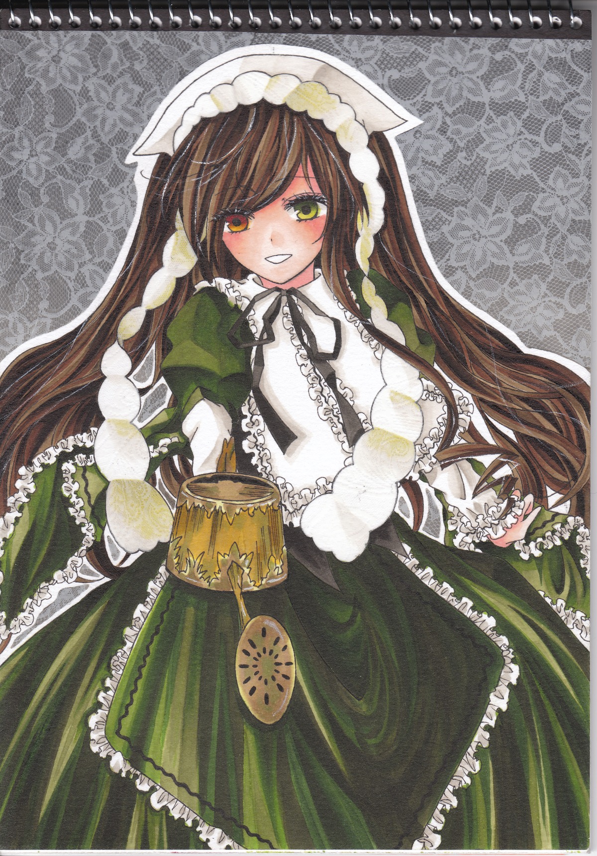 1girl absurdres bad_id bad_pixiv_id brown_hair dress frills green_dress green_eyes hat head_scarf heterochromia highres image iris_(riba) long_hair looking_at_viewer marker_(medium) rozen_maiden smile solo suiseiseki traditional_media very_long_hair watering_can